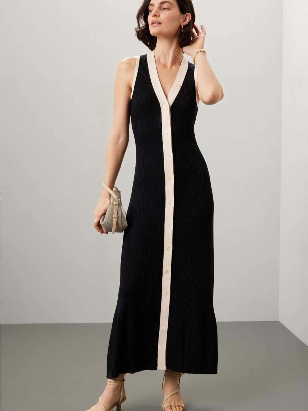 Sandro Gabriel Black Maxi Dress with Cream Trim Lyocell Blend Capsule Elevated